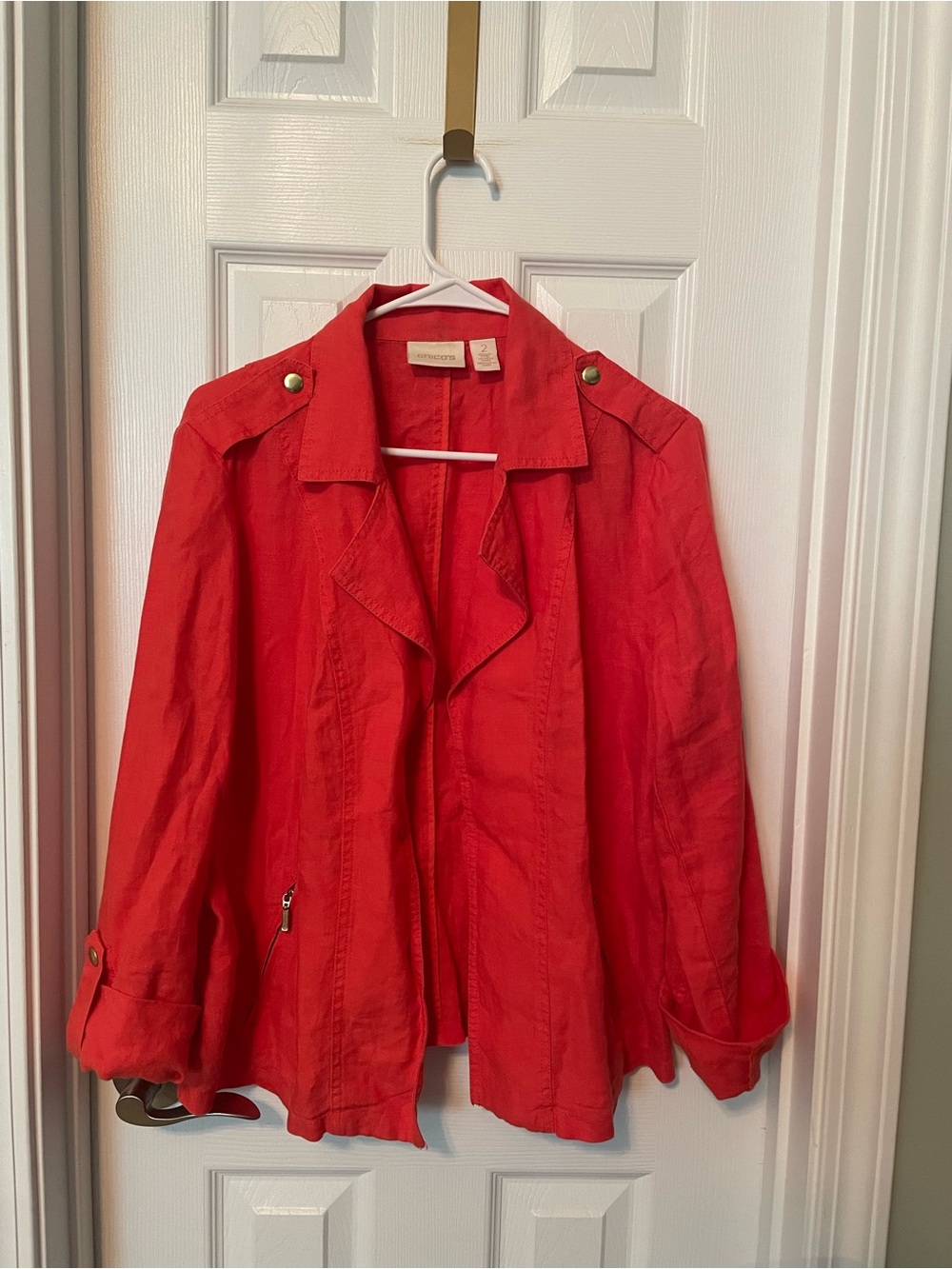 Chico’s Linen Roll Sleeve Blazer with zippered pockets